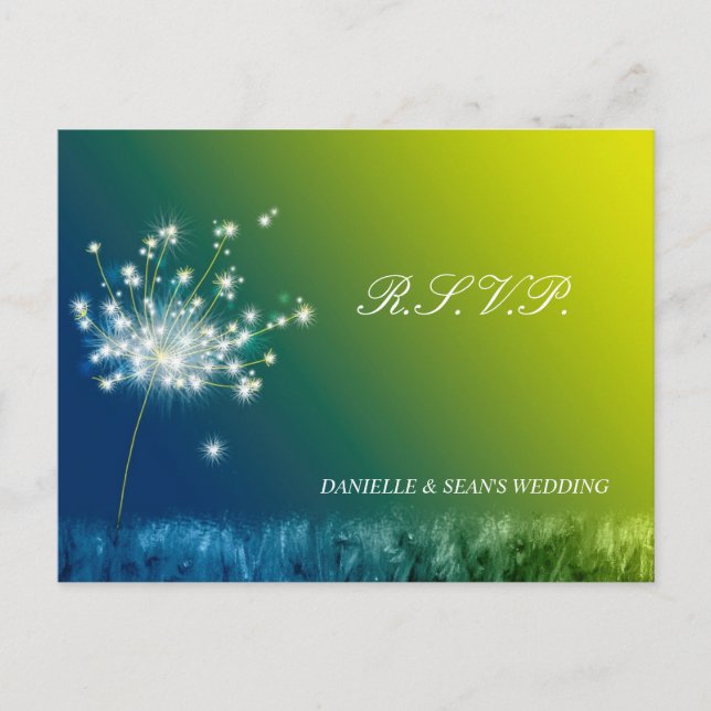 Postal De Invitación Blue Green Spring Dandelion Wedding RSVP (Anverso)