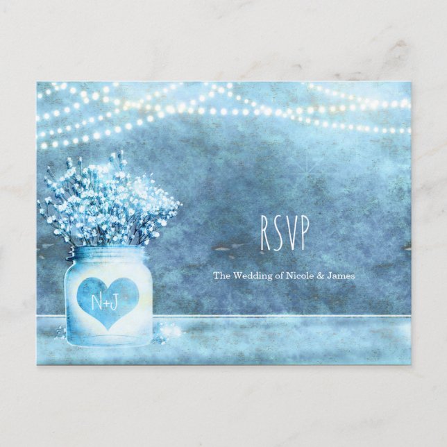 Postal De Invitación Blue Heart Mason Jar & Baby's Breath Wedding RSVP (Anverso)