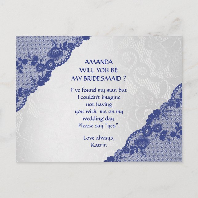 Postal De Invitación Blue Marine Lace Silver Serás Mi Novia (Anverso)