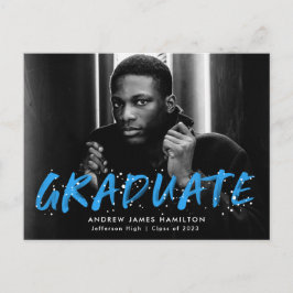 Postal De Invitación Blue Modern Paint Splatter Photo Graduation Party