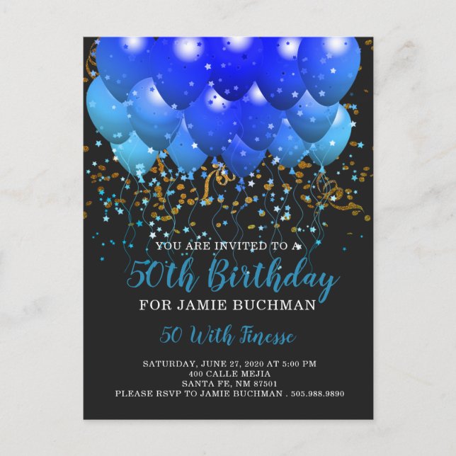 Postal De Invitación Blue Neon Balloons Confetti 50 cumpleaños (Anverso)