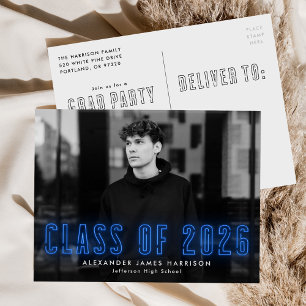 Postal De Invitación Blue Neon Class of 2022 Photo Graduation Party