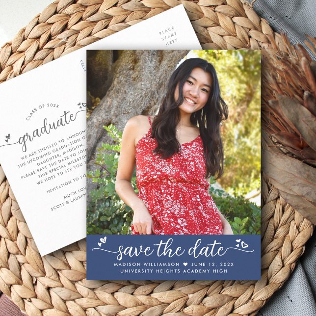 Postal De Invitación Blue Save the Date Graduation Photo Script Hearts (Subido por el creador)