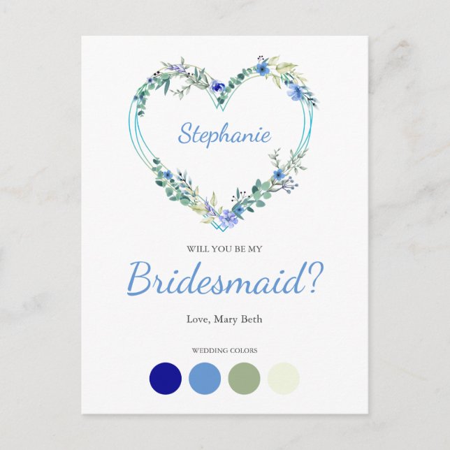 Postal De Invitación Blue Shades Wreath Heart for Bridesmaids Proposal (Anverso)