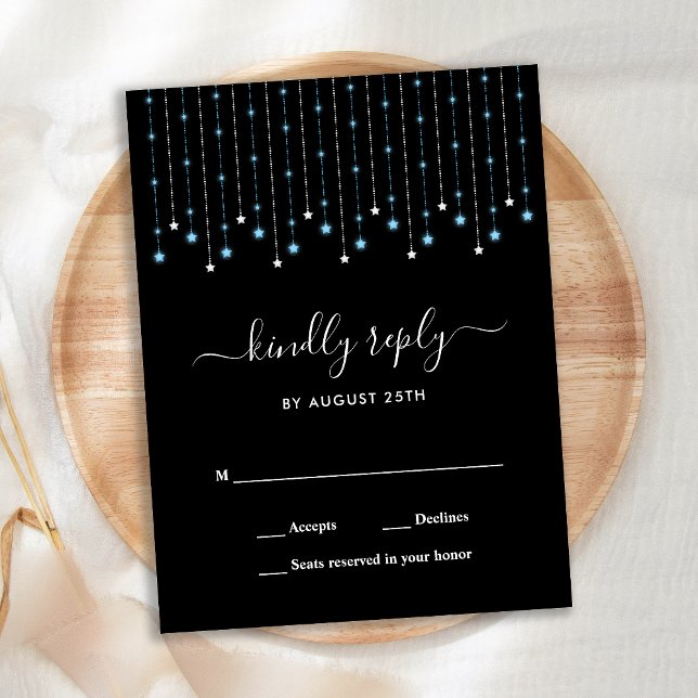 Postal De Invitación Blue Silver Stars String Lights Wedding RSVP (Subido por el creador)