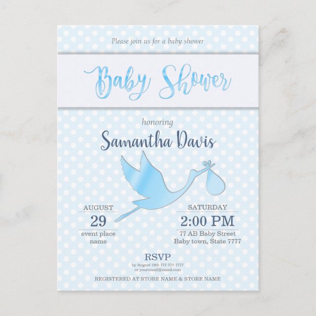 Postal De Invitación Blue Stork Baby Boy Baby Shower (Anverso)