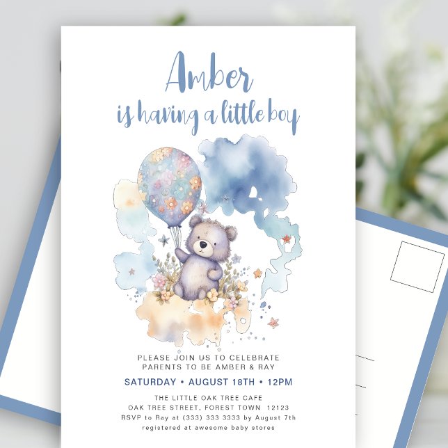 Postal De Invitación Blue Teddy Bear Balloon Bate Boy Baby Shower (Subido por el creador)