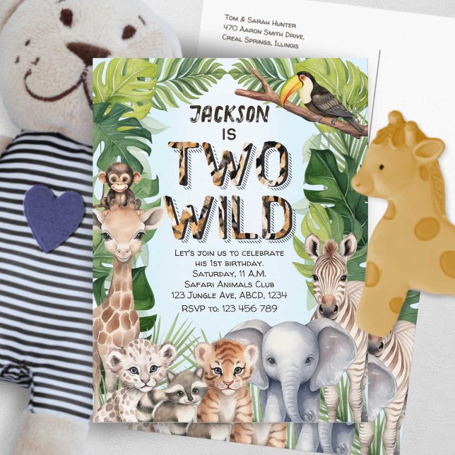 Postal De Invitación Blue Two Wild Safari Baby Boy Segundo Cumpleaños (Blue Two Wild Safari, Baby Boy Jungle Animals them 2nd birthday postcard invite.)