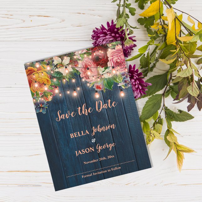 Postal De Invitación Blue Wood Floral String Lights Save The Date (Blue Wood Floral String Lights Save The Date Invitation Postcard)