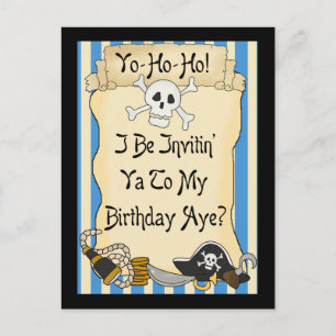 Postal De Invitación Blue Yo Ho Ho Pirate Invita al cumpleaños