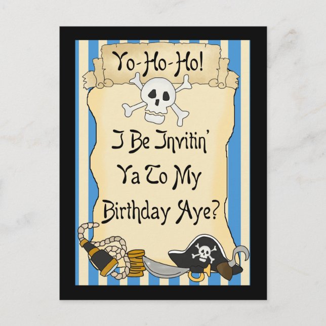 Postal De Invitación Blue Yo Ho Ho Pirate Invita al cumpleaños (Anverso)