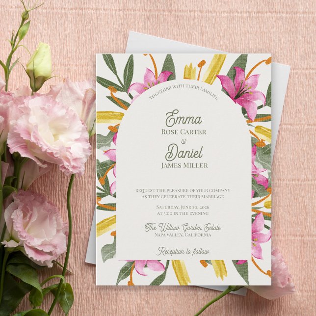 Postal De Invitación Blush Lily Arched Botanical Floral Wedding (Blush Lily Arched Wedding Invitation | Elegant Botanical Arch Floral Wedding Invite)