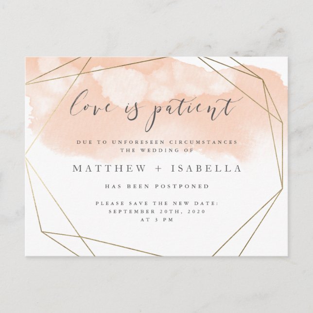 Postal De Invitación Blush Pink Aquarelle Aplazamiento El Amor Es Pacie (Anverso)