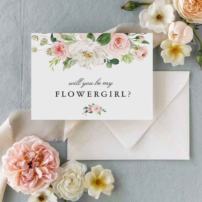 Postal De Invitación Blush pink floral will you be my flower girl card (Subido por el creador)