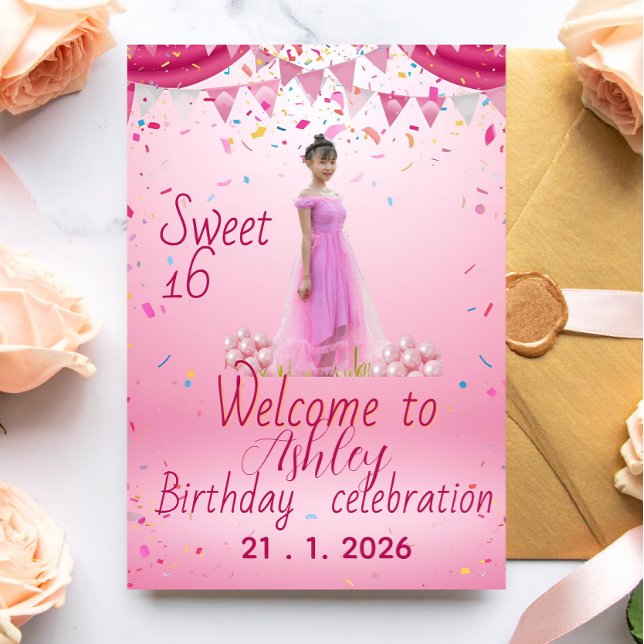 Postal De Invitación Blush Pink Sweet Sixteen Welcome Sign, Photo  (Subido por el creador)