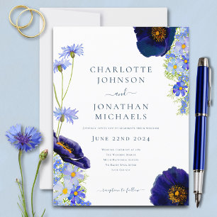 Postal De Invitación Boda acuarela de flor silvestre azul moderna