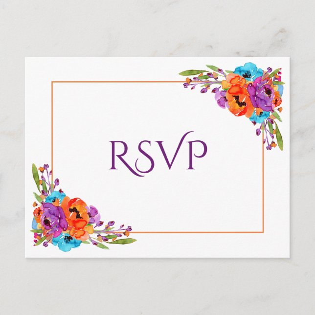 Postal De Invitación Boda acuarela floral Naranja púrpura RSVP (Anverso)