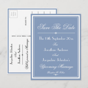 Postal De Invitación Boda Azul Polvo Blanco Guión Salvar La Fecha