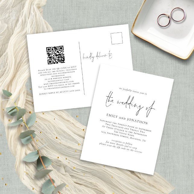 Postal De Invitación Boda blanco y negro de código QR de escritura mode (Front and back view)