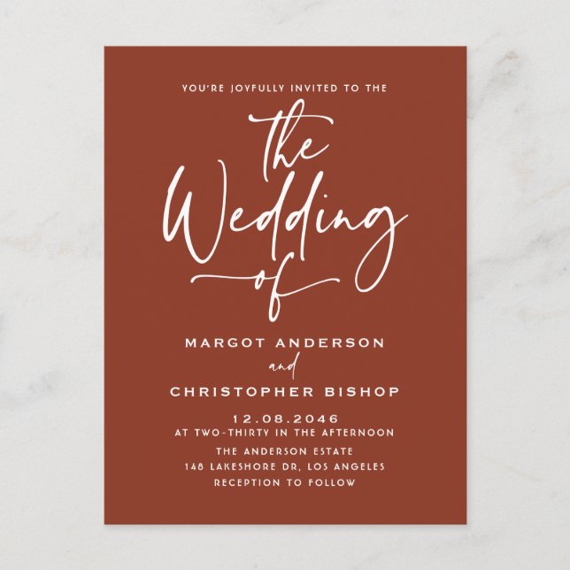 Postal De Invitación Boda Boho Caligrafía a Mano en Terracota (Anverso)