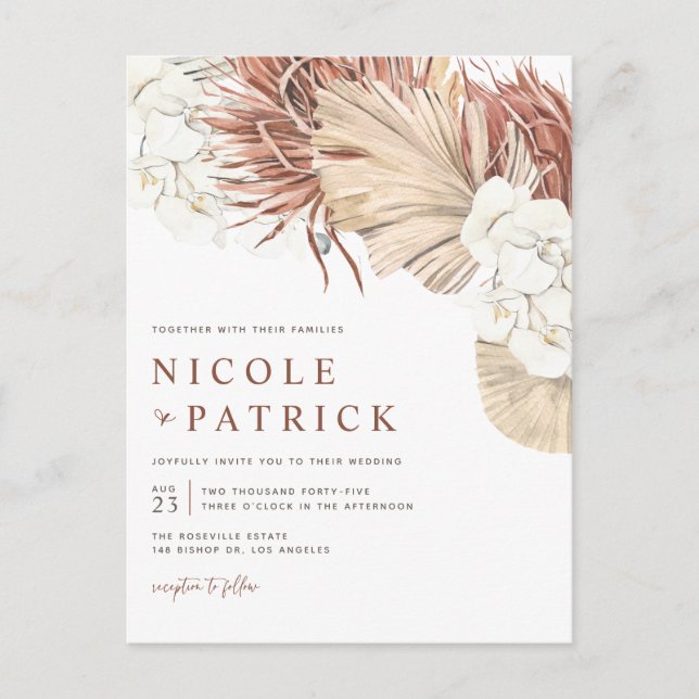 Postal De Invitación Boda Boho con Hojas de Palma Secas y Orquídeas (Anverso)