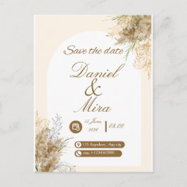 Postal De Invitación Boda Boho Gold Pampas Arco Totalmente Editable 