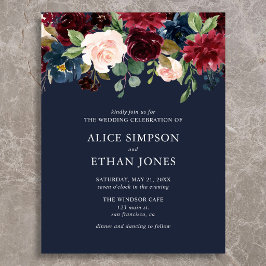 Postal De Invitación Boda Boho Presupuesto Azul Marino Burgundy Floral
