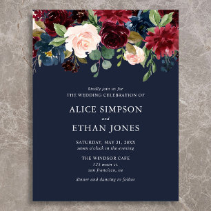 Postal De Invitación Boda Boho Presupuesto Azul Marino Burgundy Floral