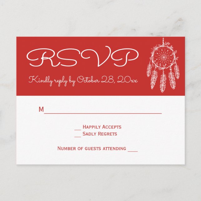 Postal De Invitación Boda Boho Red RSVP Native American Dreamcatcher (Anverso)