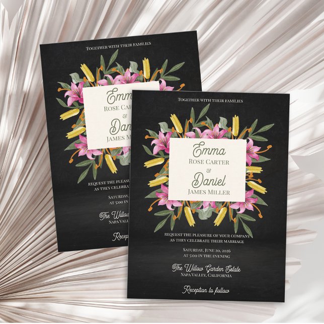 Postal De Invitación Boda botánica de lirio rosa oscuro (Dark Blush Pink Lily Botanical Wedding Invitation | Moody Black Floral Elegant Garden Wedding Invite)