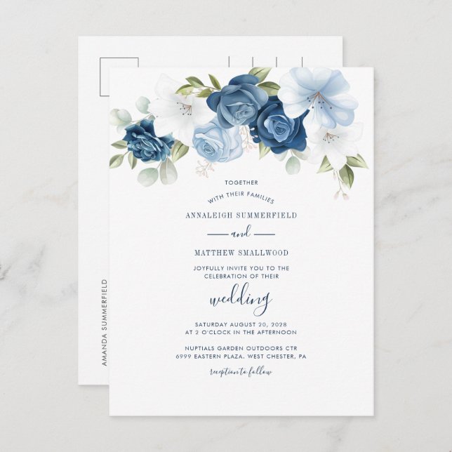 Postal De Invitación Boda Botánico Azul Dusty Floral Moderno (Anverso / Reverso)
