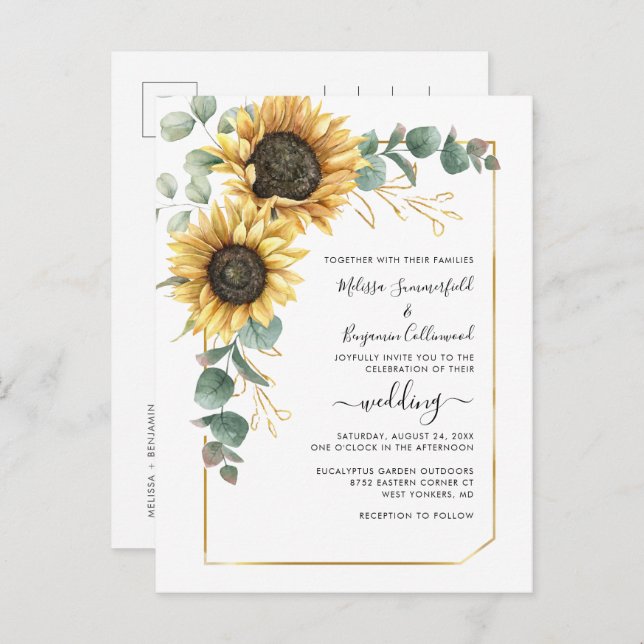 Postal De Invitación Boda botánico con guión floral de girasol (Anverso / Reverso)