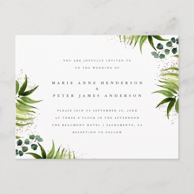 Postal De Invitación Boda botánico de polvo y vegetación tropical de or (Anverso)