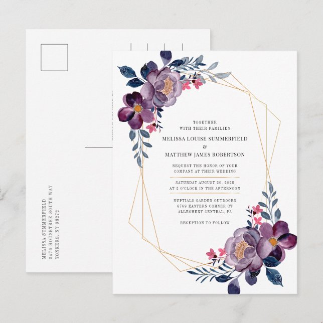 Postal De Invitación Boda Botánico Geométrico Morado Floral (Anverso / Reverso)