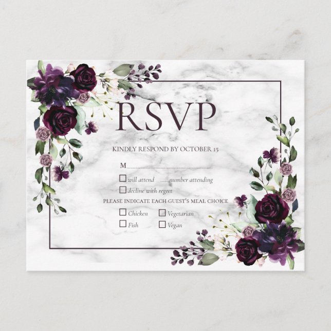 Postal De Invitación Boda Caída de Mármol Púrpura de Pluma RSVP Invitat (Anverso)