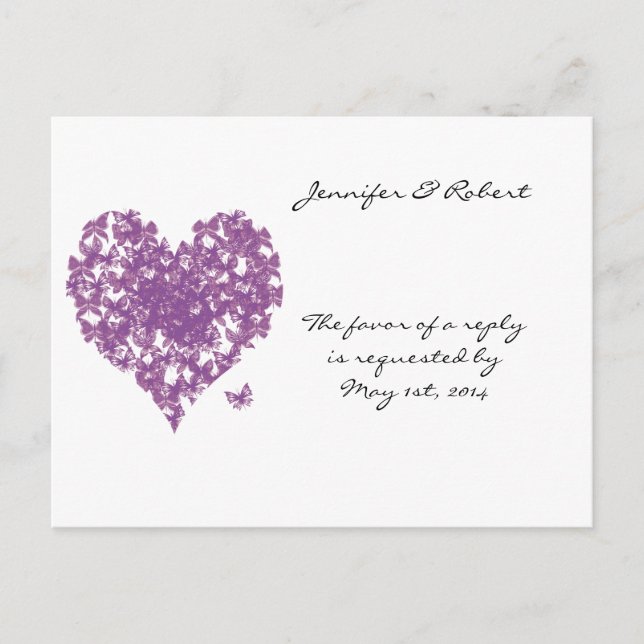 Postal De Invitación Boda cardíaca de mariposa morada RSVP (Anverso)