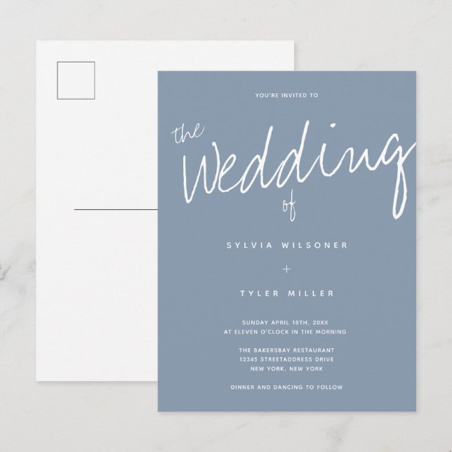 Postal De Invitación Boda Casual Modern Dusty Blue Typography (Anverso / Reverso)