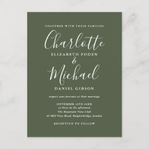 Postal De Invitación Boda con guión de firma en verde oliva