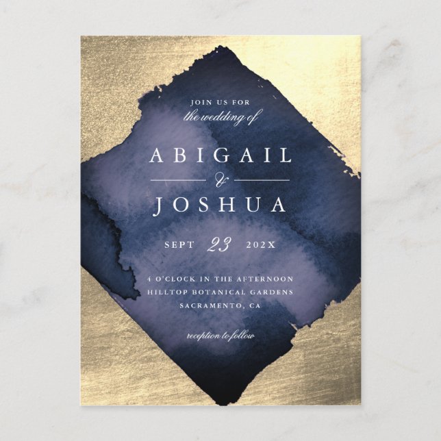 Postal De Invitación Boda de acuarela de la Marina de Diamantes de Oro  (Anverso)