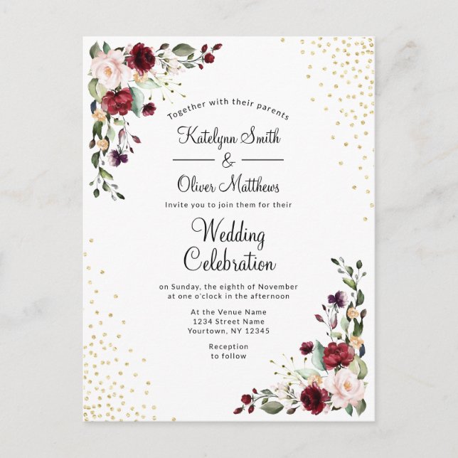 Postal De Invitación Boda de acuarela de Relieve metalizado dorado flor (Anverso)