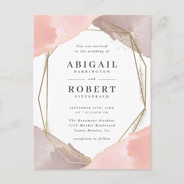 Postal De Invitación Boda de acuarela Rubor geométrico de oro moderno (Anverso)
