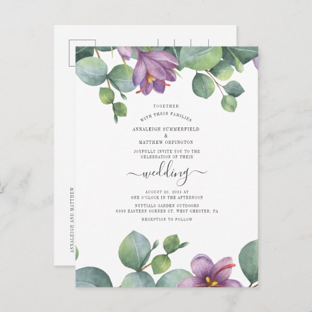 Postal De Invitación Boda de Acuarela Succulenta con Verde de Eucalipto (Anverso / Reverso)