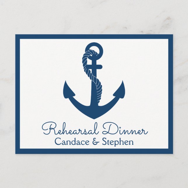 Postal De Invitación Boda de Anclaje Azul de la Marina de Cena (Anverso)