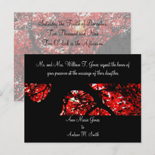 Postal De Invitación Boda de árbol con hoja roja de otoño negro