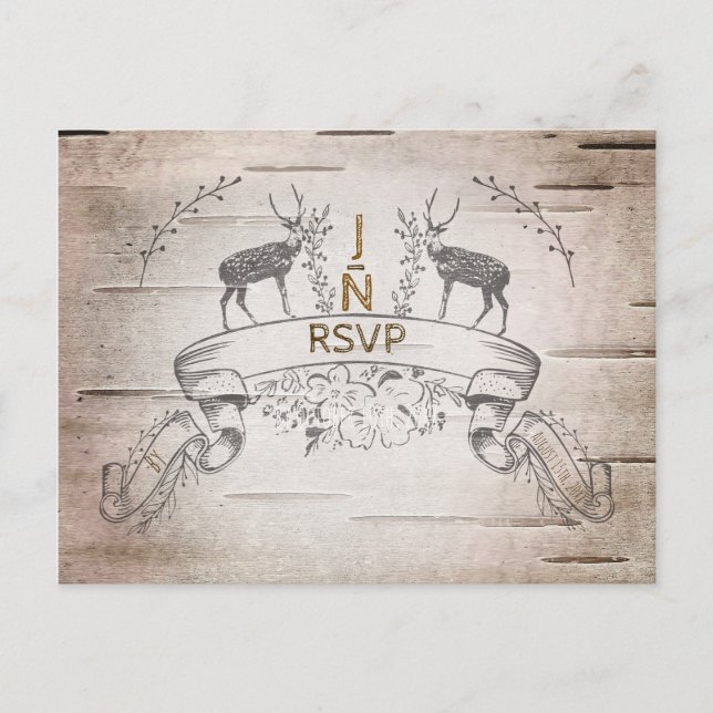 Postal De Invitación Boda de Birch RSVP para ciervos y ramas rústicos (Anverso)