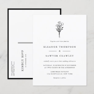 Postal De Invitación Boda de Bouquet floral Minimalista negro