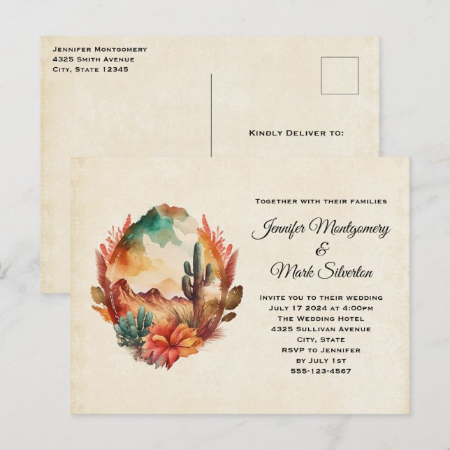 Postal De Invitación Boda de Cactus y Montañas del Desierto de Acuarela (Anverso / Reverso)