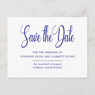 Postal De Invitación Boda de caligrafía blanca azul de la marina salva