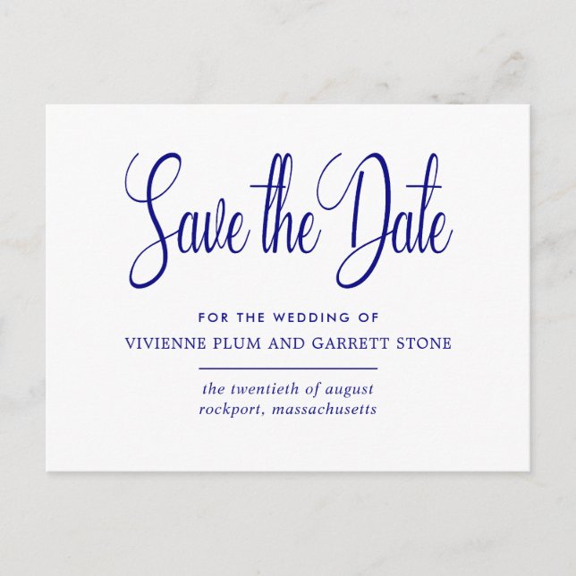 Postal De Invitación Boda de caligrafía blanca azul de la marina salva  (Anverso)
