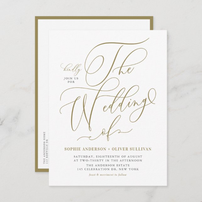 Postal De Invitación Boda de caligrafía sincera de oro (Anverso / Reverso)
